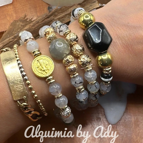 Rutile/white rutilated quartz beaded handmade bracelet Saint Benedict gold medal - Picture 2 of 4